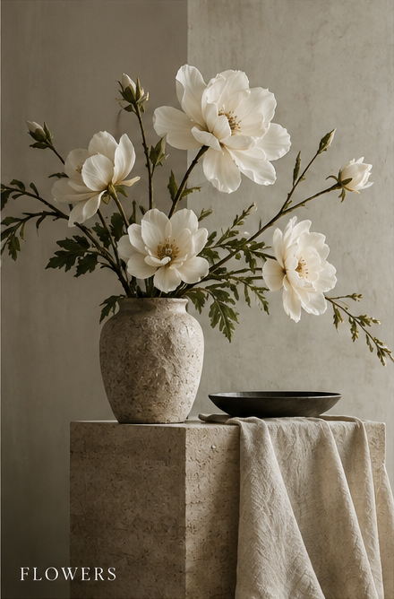 Artificial plant composition with textile flowers and leaves