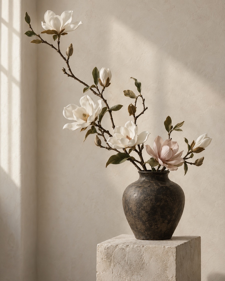 Artificial magnolia flowers arranged in a stone vessel