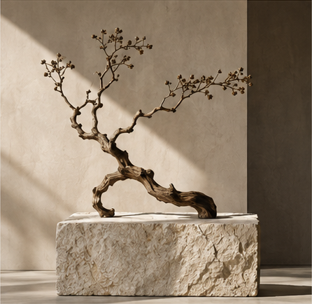 Sculptural branch on a raw limestone pedestal