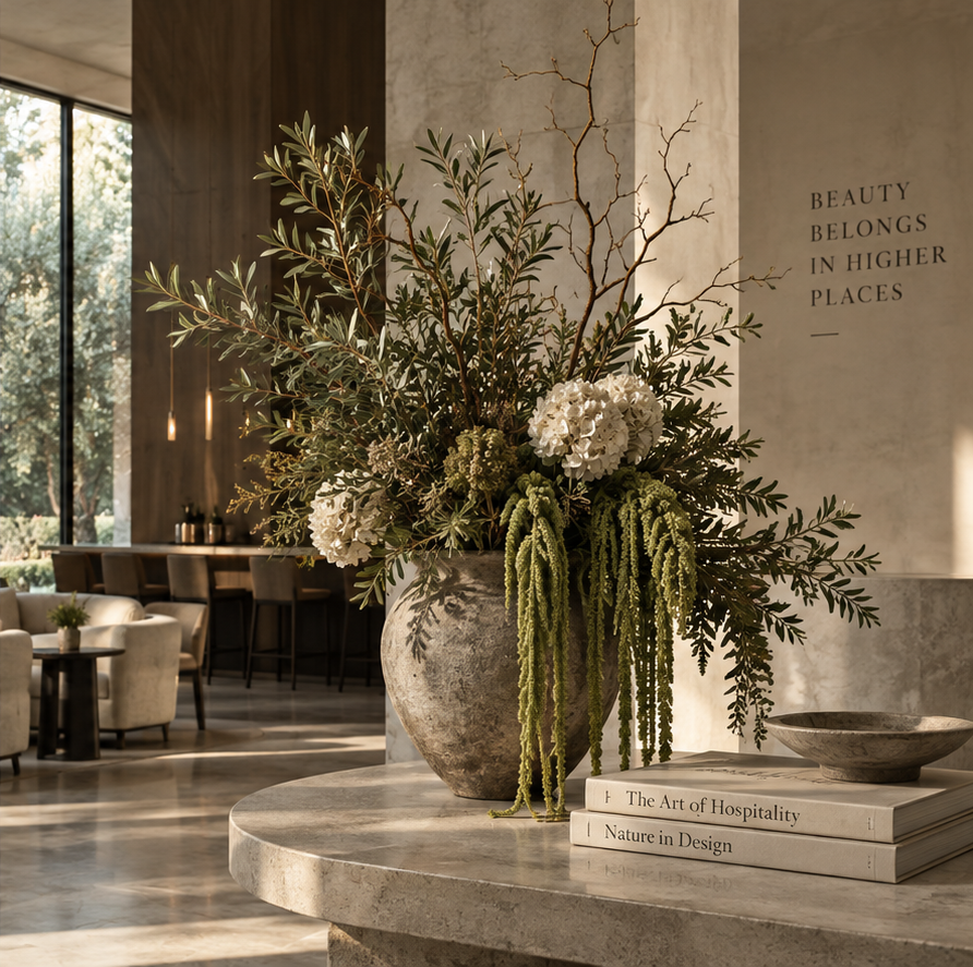 Artificial flower and branch installation in a refined hospitality interior
